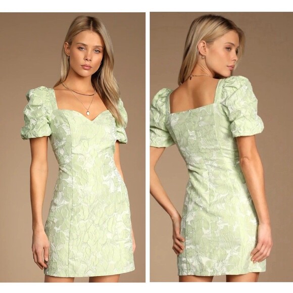 Lulus Beyond Amazing Light Green Floral Jacquard Puff Sleeve Dress Size Medium - Picture 1 of 8